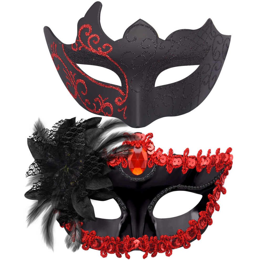 Siquk Couple Masquerade Masks Plastic Venetian Party Mask Halloween Costume Mask Rhinestone Carnival Mask For Couples Women And Men, Black And Red 12164981