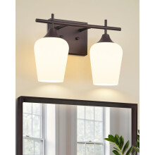 Bathroom Vanity Light, 2 Light Oil Rubbed Bronze Fixture with Milk Glass Shades, Up or Down Mount