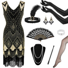 12Pcs 1920s Flapper Great Gatsby Accessories Set,Roaring 20's Theme Set with Sequin Fringed Dress Headband Gloves Necklace Handheld Prop,1920s Flappe