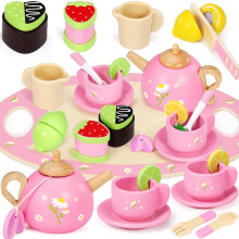 Seagoal Wooden Tea Set for Toddlers, Kids Tea Set Toys for 3 4 5 Year Old Girls Gifts, Montessori Wooden Toddler Toys, Kids Tea Party Set with Play D