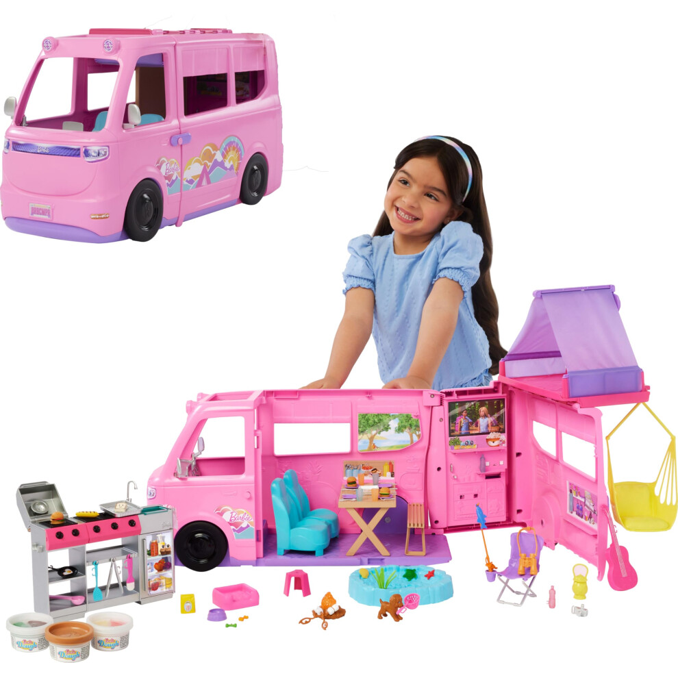 Barbie Dream Camper Playset With Roof Tent, Swing Chair, Fishing Pond, Bbq Grill With Color-Change Feature & 60+ Accessories Including Dough, Hrj78