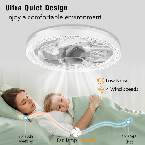 Ceiling Fan Light with Remote, 12 Inch E26 Socket LED Fixture, Dimmable 3Color Quiet Motor 2