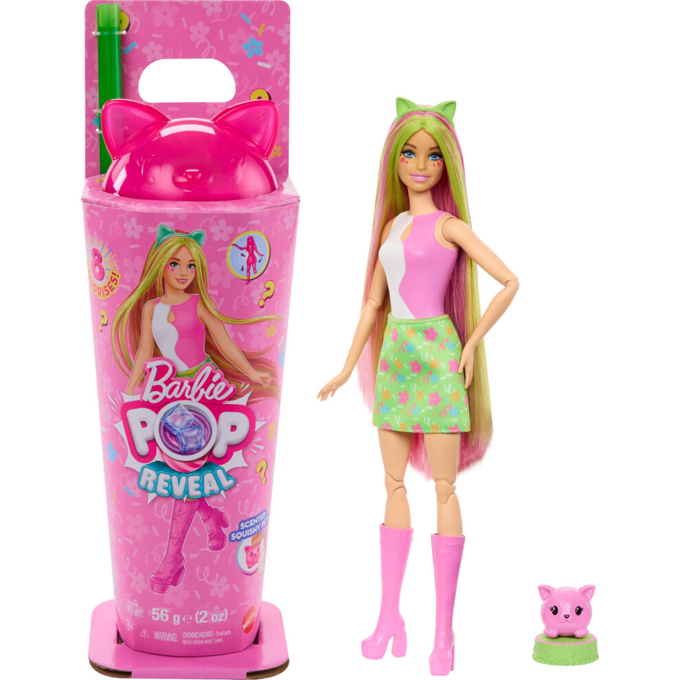 Barbie Pop Reveal Series Doll & Accessories Set, Shakes Series, Scented Cute Kitten Fashion Doll & Pet, 8 Surprises Include Color Change, Jcn88