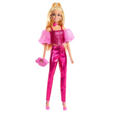 Barbie Deluxe Style Doll #5 in Metallic Pink Outfit, Blonde Hair, Sparkly Corset Top and Shiny Pants with Accessories like Rose Necklace and Handbag,