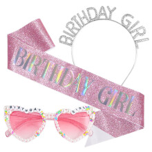 Birthday Girl Accessories Kit, Birthday Glitter Pink Sash with Heart Pearl Sunglasses and Sparkling Crystal Headband, Happy Birthday Party Accessorie