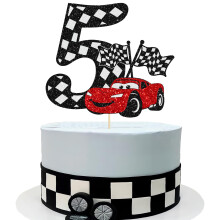 Gyufise 1Pc Race Car 5th Cake Topper Glitter 5th Racing Car Birthday Cake Topper Decoration for Racing Car Checkered Flag Themed Girl Boy 5 Years Bir