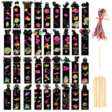 36 Pcs Scratch Art Party Bags Fillers for Kids, Animal Craft DIY Scratch Art Rainbow Bookmarks with 36 Colorful Ropes and 36pcs Wooden Stylus for Boy