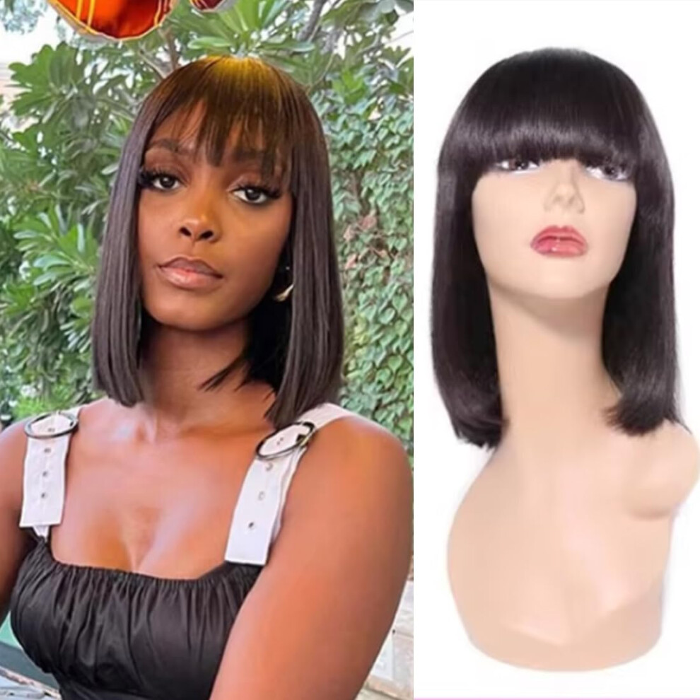 Human Hair Bob Wig with Bangs 10 Inch Glueless Short Straight None Lace Front Natural Black for Women