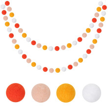 G2PLUS 2PCS Pre-strung Felt Pom Pom Garland with 60 Balls, Orange, Yellow and White Nursery Decor for Bedroom, Classroom, Birthday Party, Autumn Fest