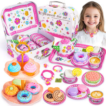 Hohosunlar Kids Tea Party Set for Little Girls, Toddler Princess Toy Tin Tea Set with Carry Case, Dessert Play Food Tea Cup Set Teapot Girl Jewelry,