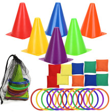 LACRIS 3 in 1 plastic cones toss game set with beanbags, outdoor throwing colorful ring toss cones, soft plastic Carnival set, birthday party activit