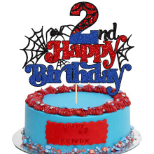 Gyufise 1Pcs Spider Happy 2nd Birthday Cake Topper Red Blue Glitter Baby Shower Party Cake Decoration for Spider Themed Birthday Anniversary Party Su