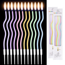 Candles with Stand, Set of 12 Candles,Bright Color Pastel Cake Candles for Wedding Party Decoration (Purple Blue Green Pink Yellow)