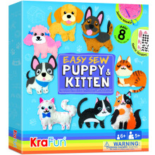 KRAFUN Easy Sewing Kit for Kids, Beginner Crafts with 8 DIY Stuffed Dolls (Puppies, Kittens, Dogs, Cats), Felt Materials, Instructions, Embroidery Su
