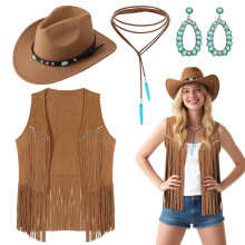 UxClishe 4 Pcs Western Cowgirl Accessories Set for Women, 70s Hippy Fancy Dress Outfit with Tassle Vest Hat Cowgirls Turquoise Earrings and Necklaces