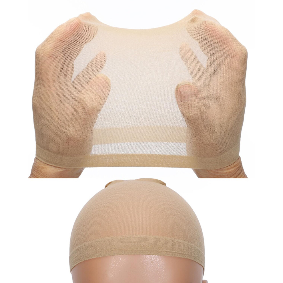 Unisex Cream 2 Pcs Beige Nylon Wig Caps For Women With Wide Elastic Band, Breathable And Secure Fit