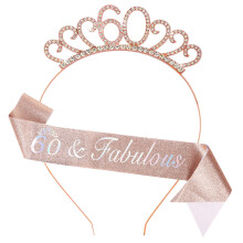 Dimetey 60th Birthday Decoration for Women,Rose Gold Birthday Sash and Rhinestone Headband for Women's 60th Birthday Party Decor
