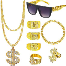 DONGZQAN 8Pcs Hip Hop Party Decorations, Fake Gold Chain, Gold Chain Dollar, 90s Fancy Dress Men, Hip Hop Costume, Hip Hop Ring, Hippie Glasses for H