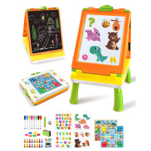 Elovien Kids Easel, 4 in 1 Double Sided Toddler Art Easel with Chalkboard & Magnetic Whiteboard, Foldable Tabletop Easel with Drawing & Writing Acces