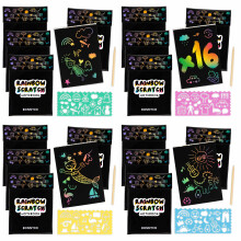 BONNYCO Rainbow Scratch Art for Kids, 16 Sets with Notebook, Stencil and Wooden Stylus. Party Bag Fillers for Kids, Classroom Prizes and Favours. End