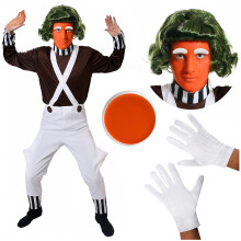 Adults Chocolate Factory Worker - X-Large - Brown Top, White Trousers, Green Wig, Gloves, Eyebrows, Facepaint - Mens Teacher School Book Week World B