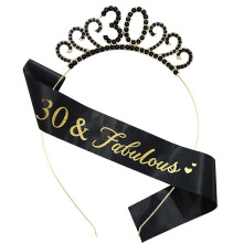 MIOSJI 30th Birthday Sash and Crown Crystal Tiara for Women 30th Birthday Hats Decorations Gift Party Accessories Black Gold