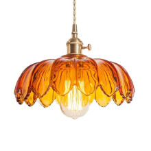 Amber Glass Pendant Light 11.8in Vintage Bohemian Fluted Shade Ceiling Lamp for Kitchen Island