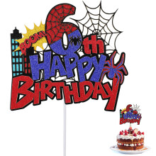 Spider Happy Birthday Cake Topper, Durable Glitter Red and Blue Spider Cartoon Themed Birthday Cake Cupcake Decoration Supplies Suitable for Boys Gir