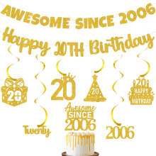 Gold Glitter 20th Birthday Banner - Awesome Since 2006 Decorations with Hanging Swirls and Cake Topper, Party Supplies for Girls and Boys 20 Year Old