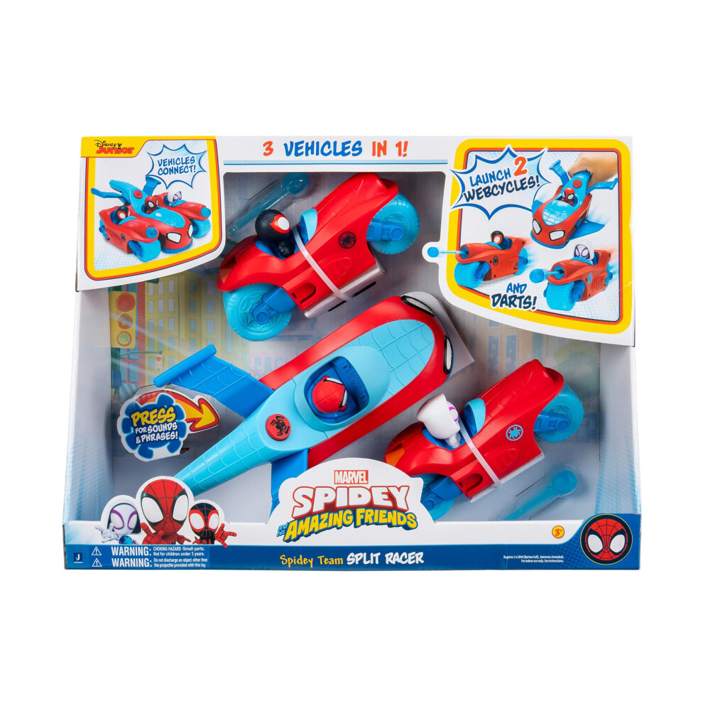 Spidey And His Amazing Friends Marvel Spidey Team Split Racer - 8.5-Inch Three-In-One Vehicle With Web Darts, Sound Effects, And Phrases 35318828