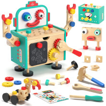 Lehoo Castle Wooden Robot Kids Tool Set - Montessori Educational Toys for 2 Years Old, Toddler Construction Tool Box Bench with Blackboard, Learning