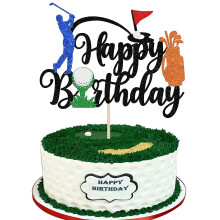 Xsstarmi 1 Pack Happy Birthday Cake Topper Black Glitter Golf Ball Player Cake Pick for Sports Golf Theme Baby Shower Birthday Party Cake Decorations