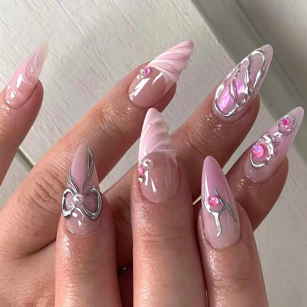 Pink Ombre Almond Press On Nails with Silver Bow, Medium Length Fake Nails, 24PCS Salon Quality