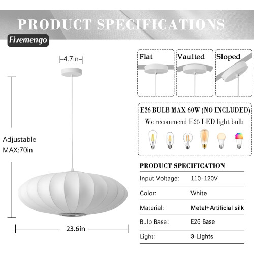 Large White Lantern Pendant Light 23.6 inch, Bubble Design, Adjustable Height for Dining Room 2
