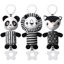 Aolso Baby Pram Pushchair Toys, 3 Pack Black and White Hanging Toys with Teether, High Contrast Sensory Educational Toy, Newborn Car Seat Toys for Bo