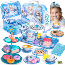 Hohosunlar Kids Frozen Tea Party Set for Little Girls, Toddler Princess Tea Set w/ Carrying Case, Teapot, Elsa Tea Cup Set, Play Food & Jewelry, Chri