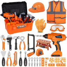 Magic4U Kids Tool Set,49PCS Toddler Tool Box with Electronic Toy Drill,Tape Measure,12 Tool Equipment,Pretend Play Construction Costume with Safety V