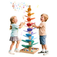 WRQIOO Montessori Sound Tree, 30 Pieces Wooden Marble Run, Rainbow Musical Tree with 10 Rainbow Balls, 6 Colorful, Wooden Ball Drop Toy, Montessori T