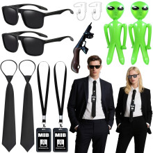 Glirop Agent Costume Accessories Set, Secret Agent Dress Up Kit with ID Holders Black Ties Sunglasses Earpieces Inflatable Green Aliens for Women Men