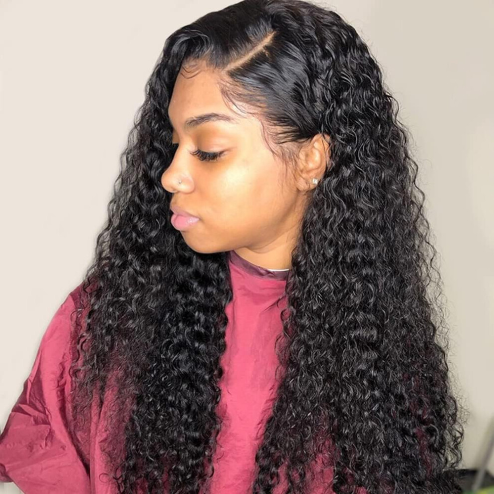 Unisex Black Human Hair Lace Front Wig 13X4 Jerry Curly 200% Density Pre Plucked For Women 16 Inch