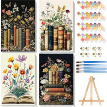 4 Pack Paint by Numbers for Adults with Framed Canvas & Wooden Easel, Book Painting by Number Kit Beginners on Canvas, Flowers Acrylic Oil Painting w