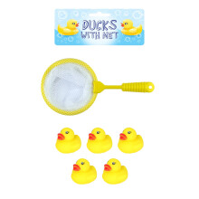 Henbrandt Mini Ducks with Net Bath Time Single Pack 6-Piece Game Set with 5 Ducks + 1 Net Kids Yellow Rubber Duck Toys Summer Fun Paddling Pool Games