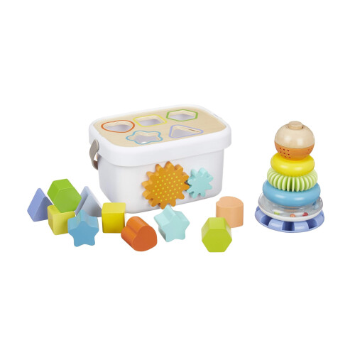 Amazon Amazon Basics Wooden Shape Sorter and Rainbow Stacker Classic Baby Toy Set, Medium, Multicolor