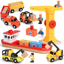 Vanplay Wooden Construction Toys for 3 4 5 Year Olds Boys, Magnetic Port Transport Scene Set - Boat, Tower Crane, Dump Truck, Trailer & Forklift, Boy