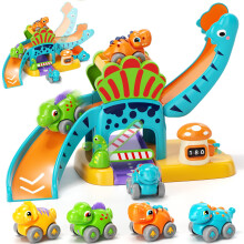 Lehoo Castle Dinosaur Toys for 1 Year Old Boys,Tddler Learning Slide with 4 Mini Push Cars for 12-18 Months Baby, Car Toy Set Gift for Kids, Girls Ag