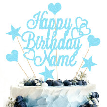Personalised Happy Birthday Cake Topper | Customized Name Cake Decoration | Double Sided Glitter Card | Baby Blue
