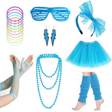80s Fancy Party Costume Accessories Set,Adult Tutu Leg Warmers Fishnet Pink Gloves Neon Necklaces Bead 80s Lace Bow Headband Lighting Earrings Sungla