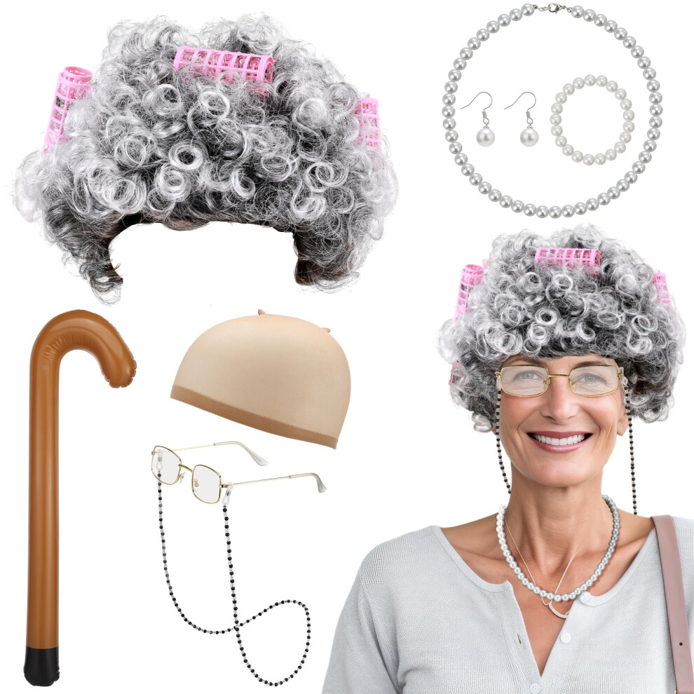 Photos - Fancy Dress Partideal Old Lady Costume Set, 15 Pcs Black Grandma Wig Cap Granny Pearl Necklace Earrings Bracelet Cane Hair Rollers Glass
