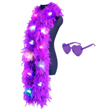Colorful Feather Boas, 6.6ft Boa with 20 Color LED Lights for Women for Dancing Wedding Party Halloween, with Heart Sunglasses (Purple)