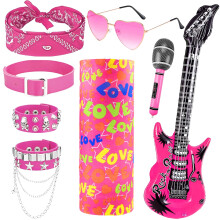 Saier tbo 8Pcs Heavy Metal Rocker Costume Set, Punk Gothic Fancy Dress Accessories with Inflatable Guitar Microphone Bracelets Collar Glasses Bandana